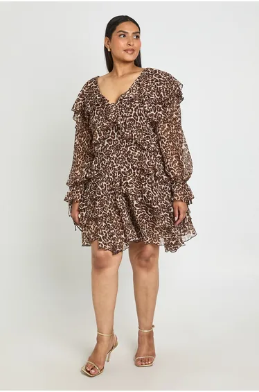Plus Floral Chiffon Ruffle Mini Dress - leopard