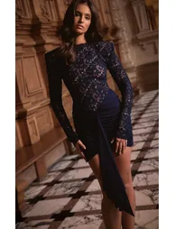PLT Label Navy Lace Extreme Shoulder Ruched Slinky Bodycon Dress