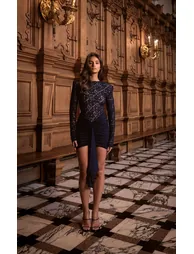 PLT Label Navy Lace Extreme Shoulder Ruched Slinky Bodycon Dress - 2