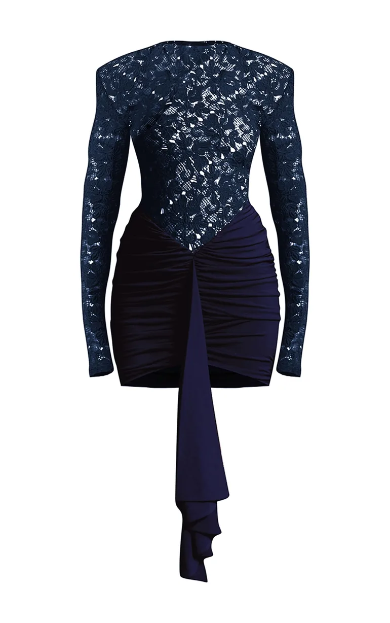 PLT Label Navy Lace Extreme Shoulder Ruched Slinky Bodycon Dress - 4