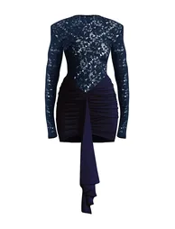 PLT Label Navy Lace Extreme Shoulder Ruched Slinky Bodycon Dress - 4