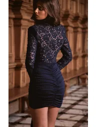 PLT Label Navy Lace Extreme Shoulder Ruched Slinky Bodycon Dress - 1