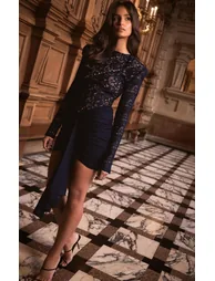 PLT Label Navy Lace Extreme Shoulder Ruched Slinky Bodycon Dress - 3