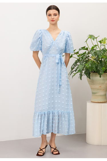 Bubble Sleeve Tie-Waist Swiss Dot Chiffon Dress in Baby Blue for Bridal Showers & Weekend Outings