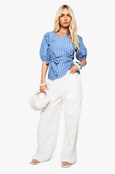 Stripe Puff Sleeve Wrap Top - blue
