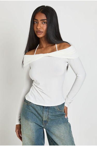Slinky Bow Bardot Detail Top - ivory