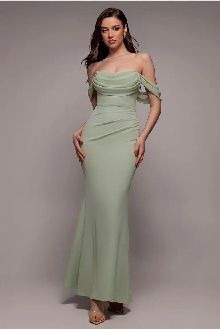 sage green bardot dress Goddiva Bardot Pleated Maxi Dress