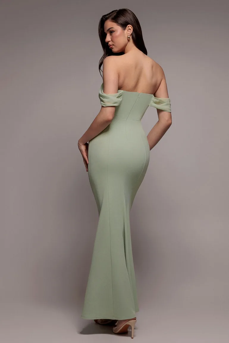 فستان ماكسي سكوبا و شيفون بأكتاف مكشوفة بياقة منسدلة - 1