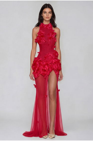 Kira Flower High Split Mesh Maxi Dress In Red