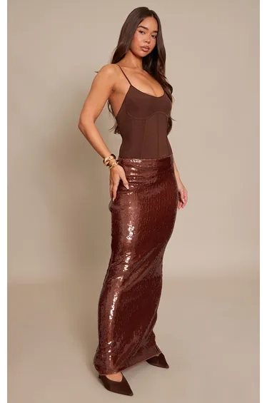 Light Brown Sequin Fishtail Maxi Skirt