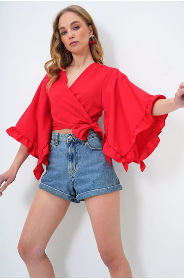 Women's Red Ruffle Sleeve Crop Woven Top