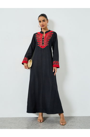 Black Threadwork Embroidery Stand Collar Jalabiya