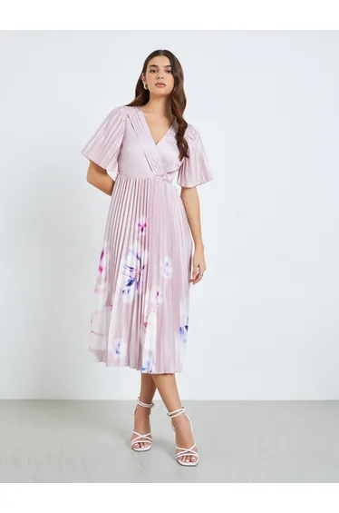 Women Pink Floral Pleated Wrap Midi Dress