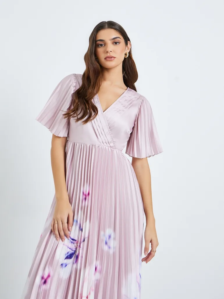 Women Pink Floral Pleated Wrap Midi Dress - 2