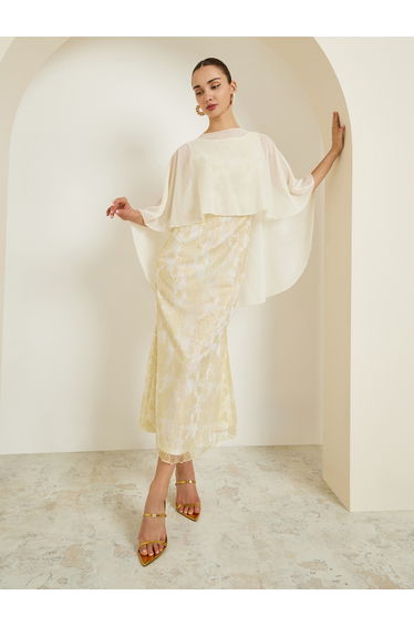 Beige Lace Cape Sleeve Maxi Dress