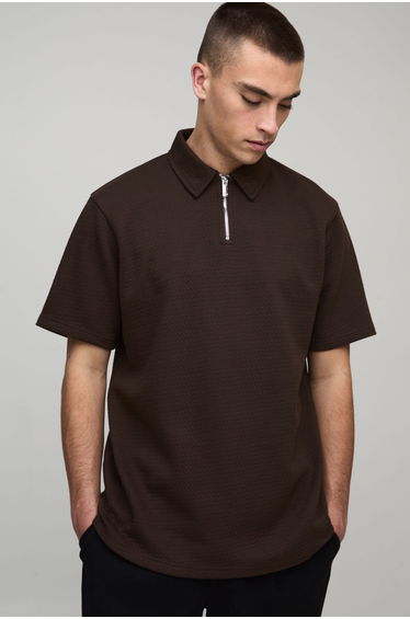 Regular Fit Heavyweight Textured Herringbone Zip Neck Polo - chocolate
