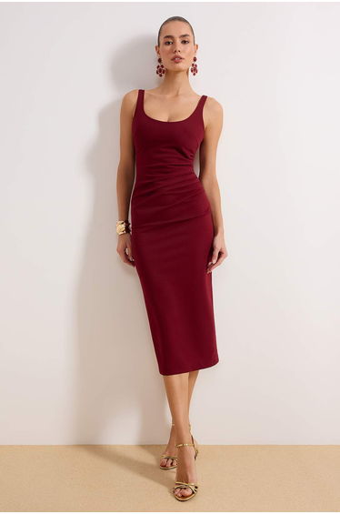 Burgundy Bodycon Midi Woven Dress