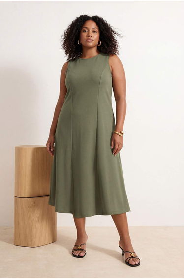 Dark Khaki 100% Cotton Open-Waist Crew Neck Midi Knitted Midi Plus Size Dress