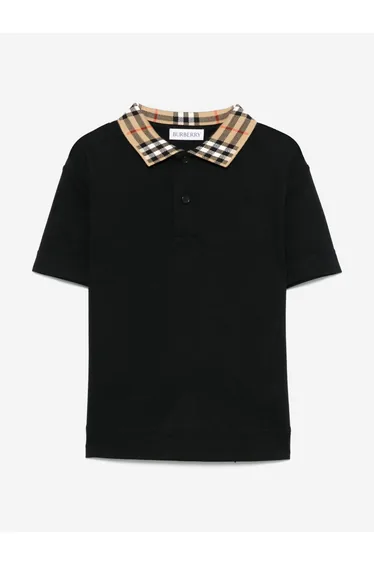 Boys Johane Check Collar Polo Shirt in Black