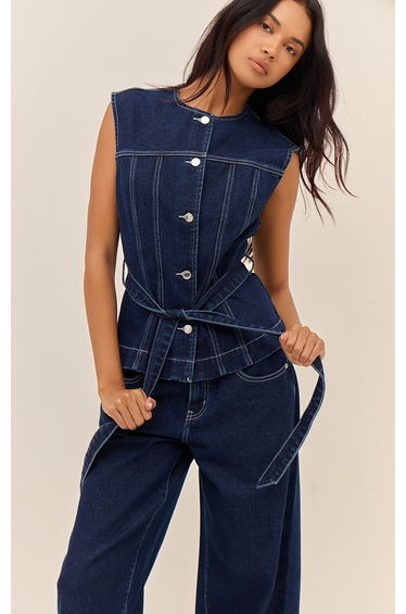 Indigo Round Neck Cinch Belted Denim Top