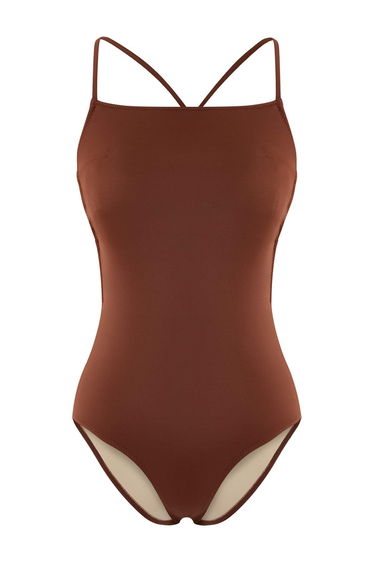Brown*010 Plain Square Backless Rashel Sleeveless Swimsuit