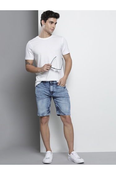 Men Blue Slim Fit Solid Denim Shorts