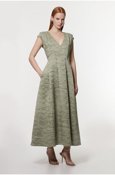 Crinkle Satin Pleated Sleeveless Full Skirt Tailored Maxi Dress