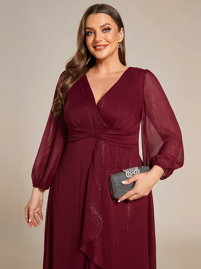 pretty EMBER|Plus Size Twist Knot Louts Leaf Long Sleeve A-Line Evening Dress - 1