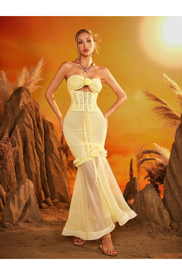 Ezrion Strapless Lace Up Mesh Maxi Dress