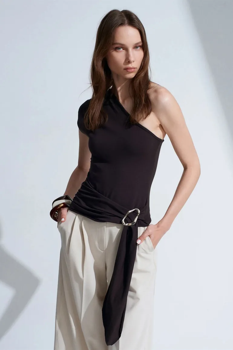 Dilvin Slim Fit Off-Shoulder Jersey Blouse With Tie Detail - 2