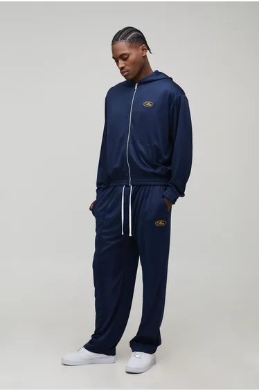 Oversized Boxy Zip Through Tricot Hoodie And Baggy Jogger Tracksuit - navy