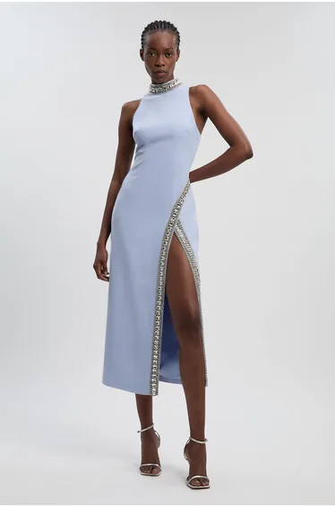 Crystal Embellished Woven Thigh Split Midaxi