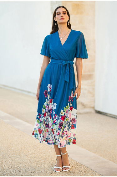 Yumi Teal Mesh Wrap Midi Dress With Floral Hem Border