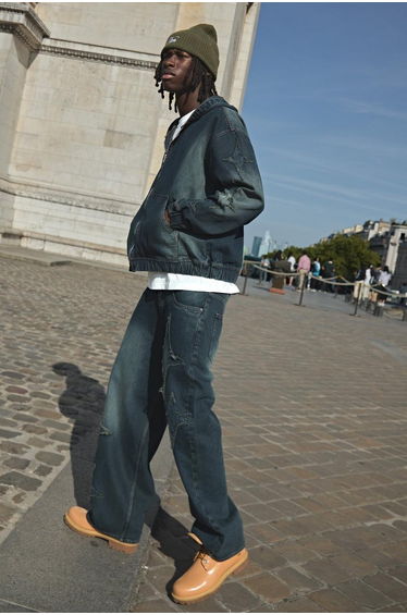 Oversized Boxy Star Applique Washed Denim Hoodie - petrol