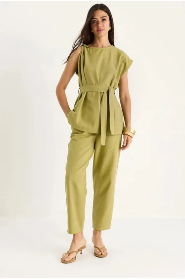 LUCCI Textured Cotton Crop Tunic and Pants Set with Tie Closure
