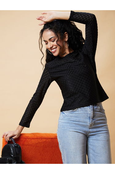 Black Textured Round Neck Top