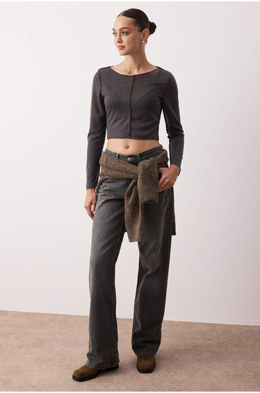 Anthracite Transparent Ribbed Regular/Normal Pattern Crop Knitted Blouse