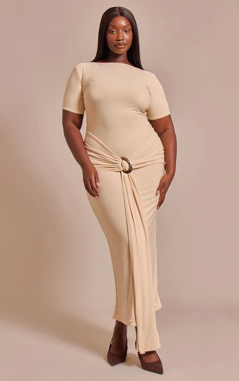 Plus butter cream Boat Neck Wrap Waist Detail Maxi Dress Prettylittlething  : Dresses : VogaCloset Oman