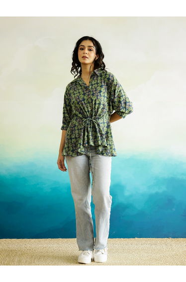 Floral Print Cotton Top with Waist Tie-Up Detail