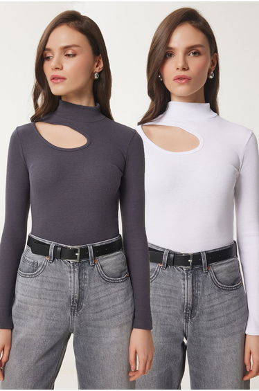 Women's Anthracite White 2-Pack Cut Out Detail Ribbed Knitted Blouse