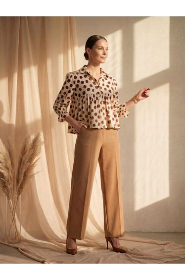 Cream Gathered Yoke Top with Polka Dots