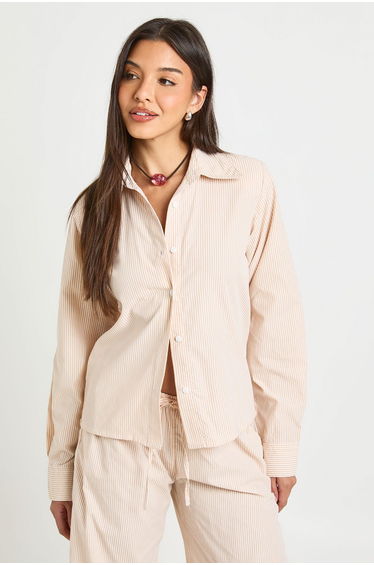 Cotton Poplin Stripe Oversized Shirt - apricot