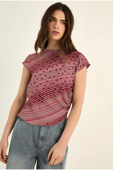 Polka Dot Stripe Mix Cap Sleeve Asymmetric Top