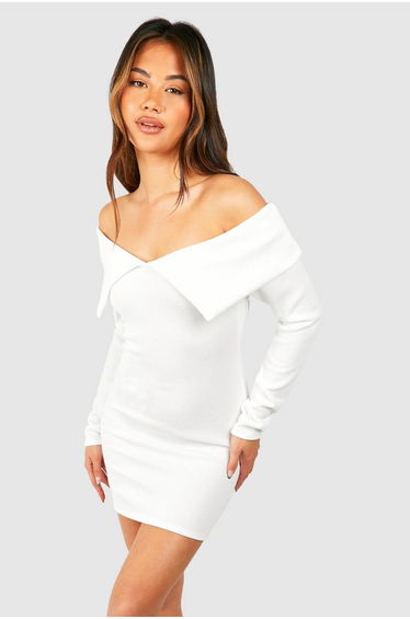 Bardot Heavy Rib Long Sleeve Mini Dress - cream