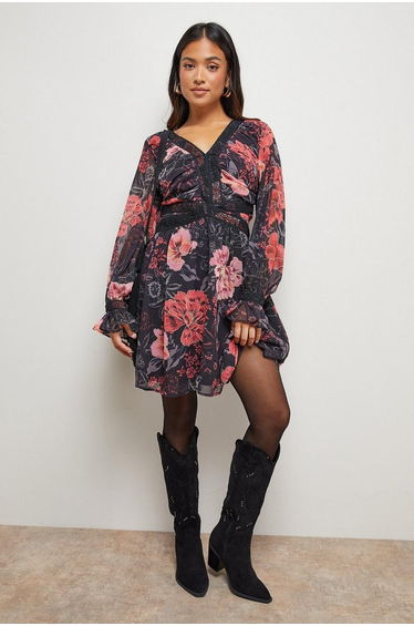 Petite Printed Lace Trim Gathered V Neck Mini Dress