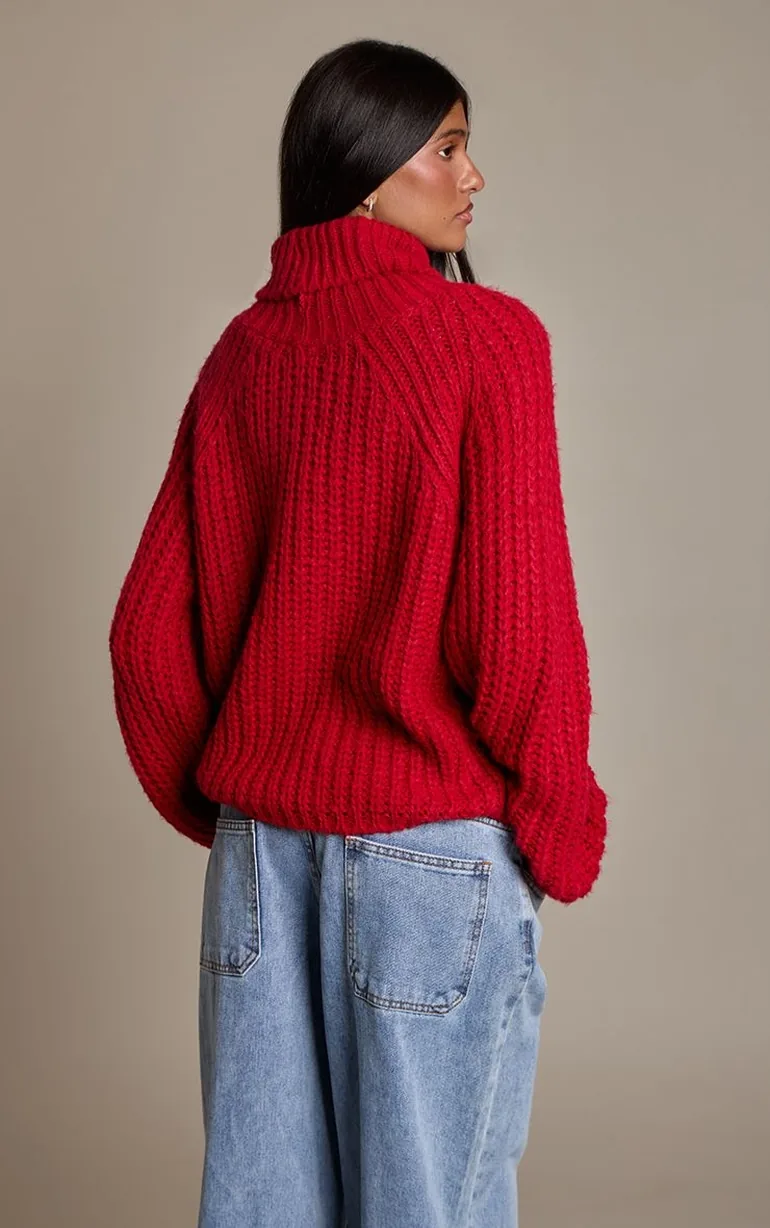 Red Chunky Fisherman Knit Roll Neck Oversized Jumper - 2