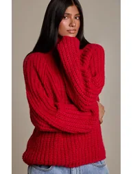 Red Chunky Fisherman Knit Roll Neck Oversized Jumper - 3