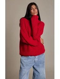 Red Chunky Fisherman Knit Roll Neck Oversized Jumper - 1