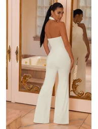 White Halter Neck Flare Jumpsuit - 2