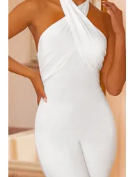White Halter Neck Flare Jumpsuit - 3